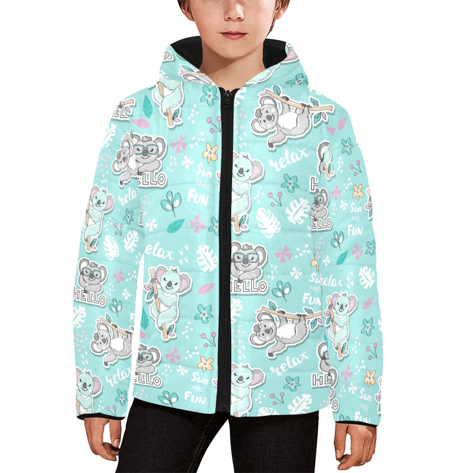 Cute koalas blue background pattern Kids' Boys' Girls' Padded Hooded Jacket