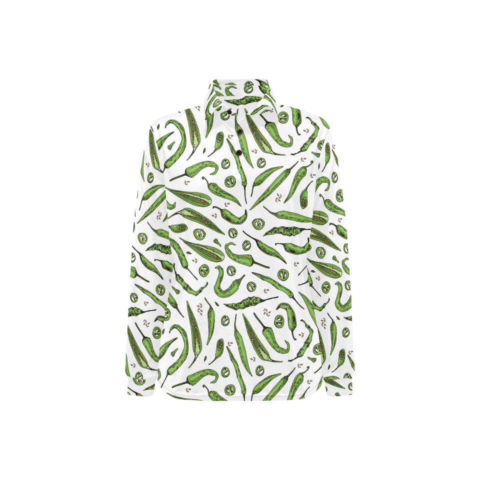 Hand drawn sketch style green Chili peppers patter Women's Long Sleeve Polo Shirt