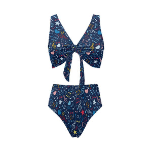 Music Notes Pattern Print Design 03 Chest Bowknot High Waisted Bikini Swimsuit