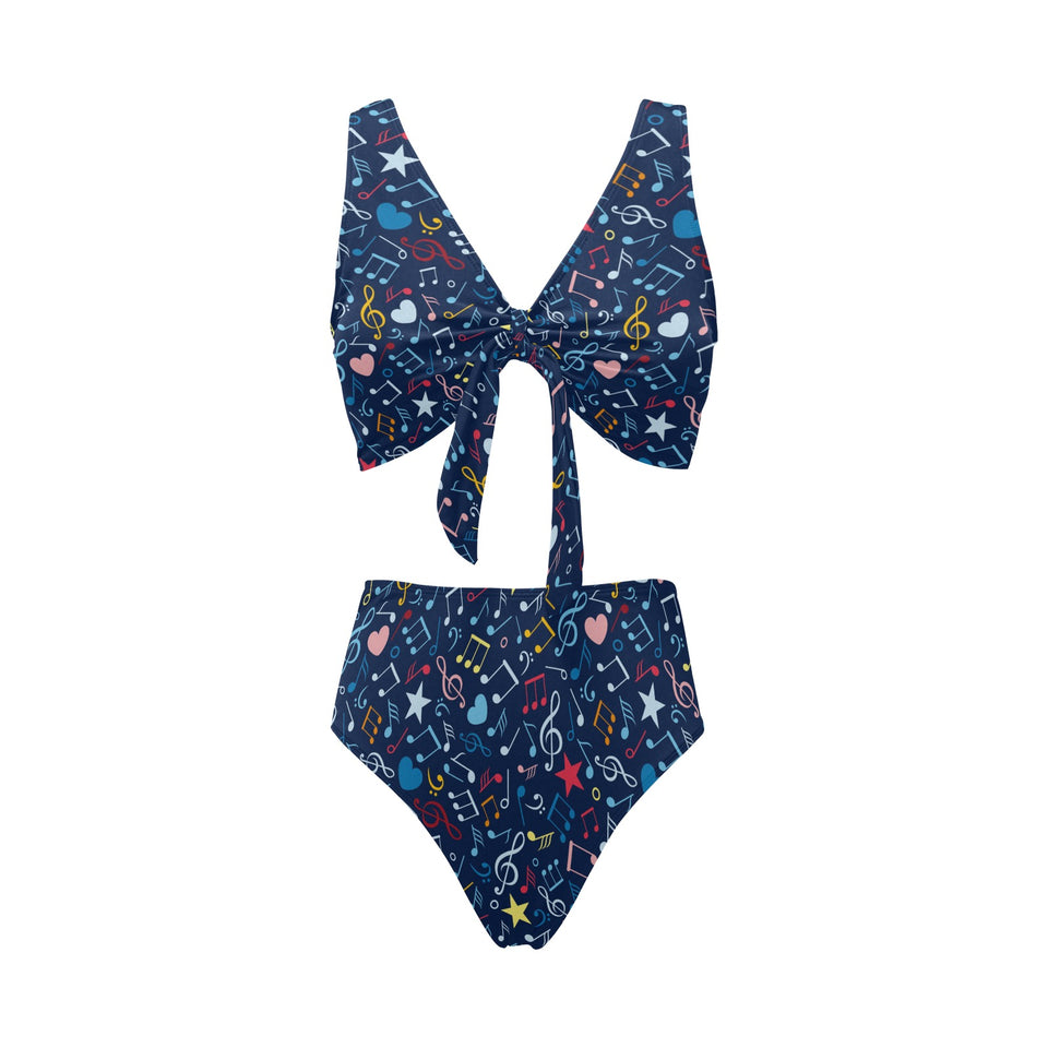 Music Notes Pattern Print Design 03 Chest Bowknot High Waisted Bikini Swimsuit