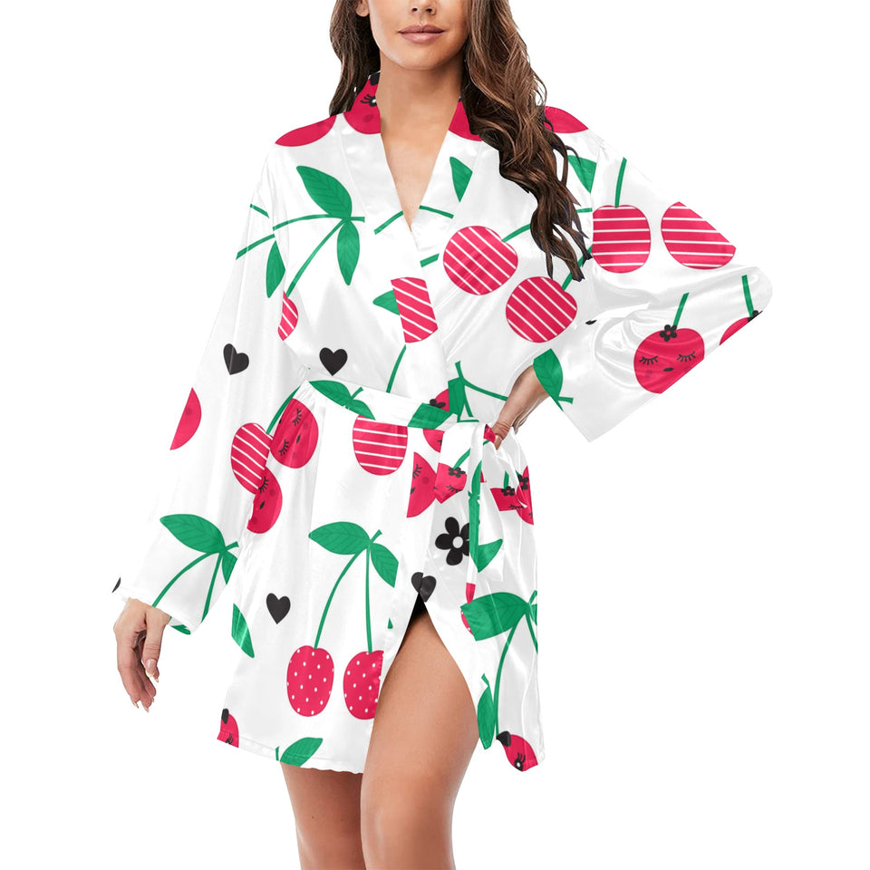 cherry pattern white background Women's Long Sleeve Belted Night Robe