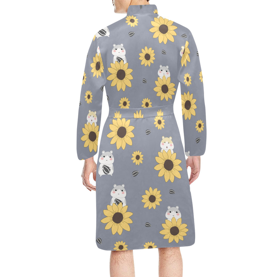 Cute hamster sunflower pattern background Men's Long Sleeve Belted Night Robe