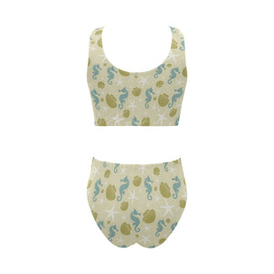 Seahorse shell starfish pattern background Chest Bowknot High Waisted Bikini Swimsuit