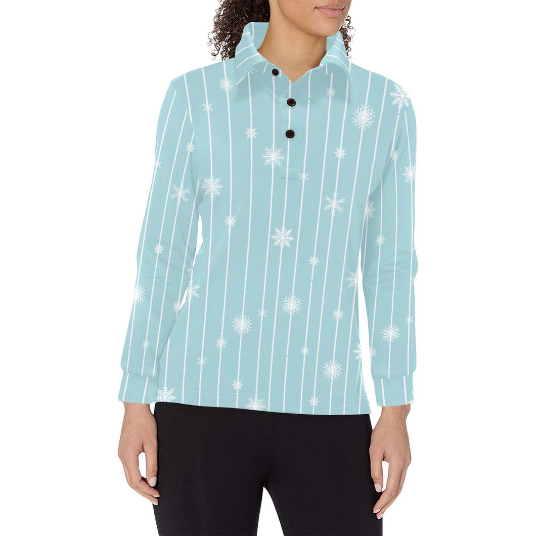 Snowflake pattern blue stripe background Women's Long Sleeve Polo Shirt