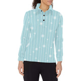 Snowflake pattern blue stripe background Women's Long Sleeve Polo Shirt