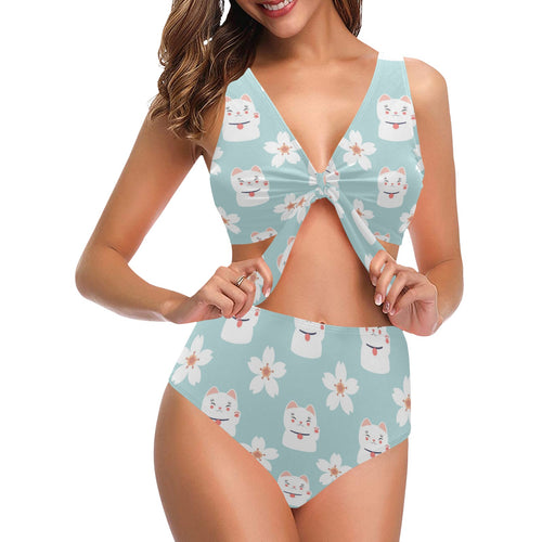 Maneki neko cat sakura Chest Bowknot High Waisted Bikini Swimsuit