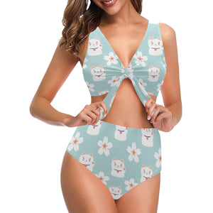 Maneki neko cat sakura Chest Bowknot High Waisted Bikini Swimsuit