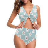 Maneki neko cat sakura Chest Bowknot High Waisted Bikini Swimsuit