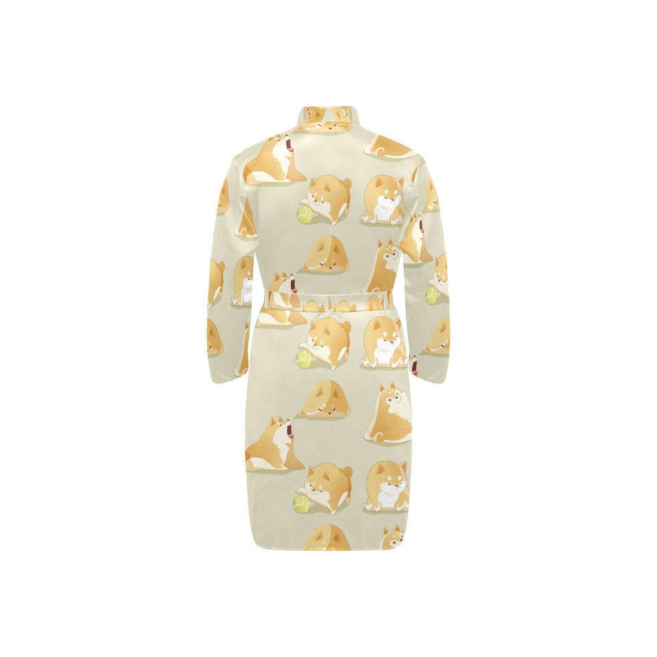 Cute fat shiba inu dog pattern Men's Long Sleeve Belted Night Robe