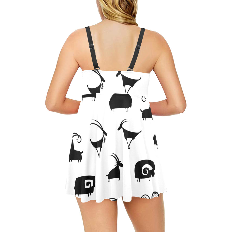 Goat ram pattern Chest Sexy Pleated Two Piece Swim Dress