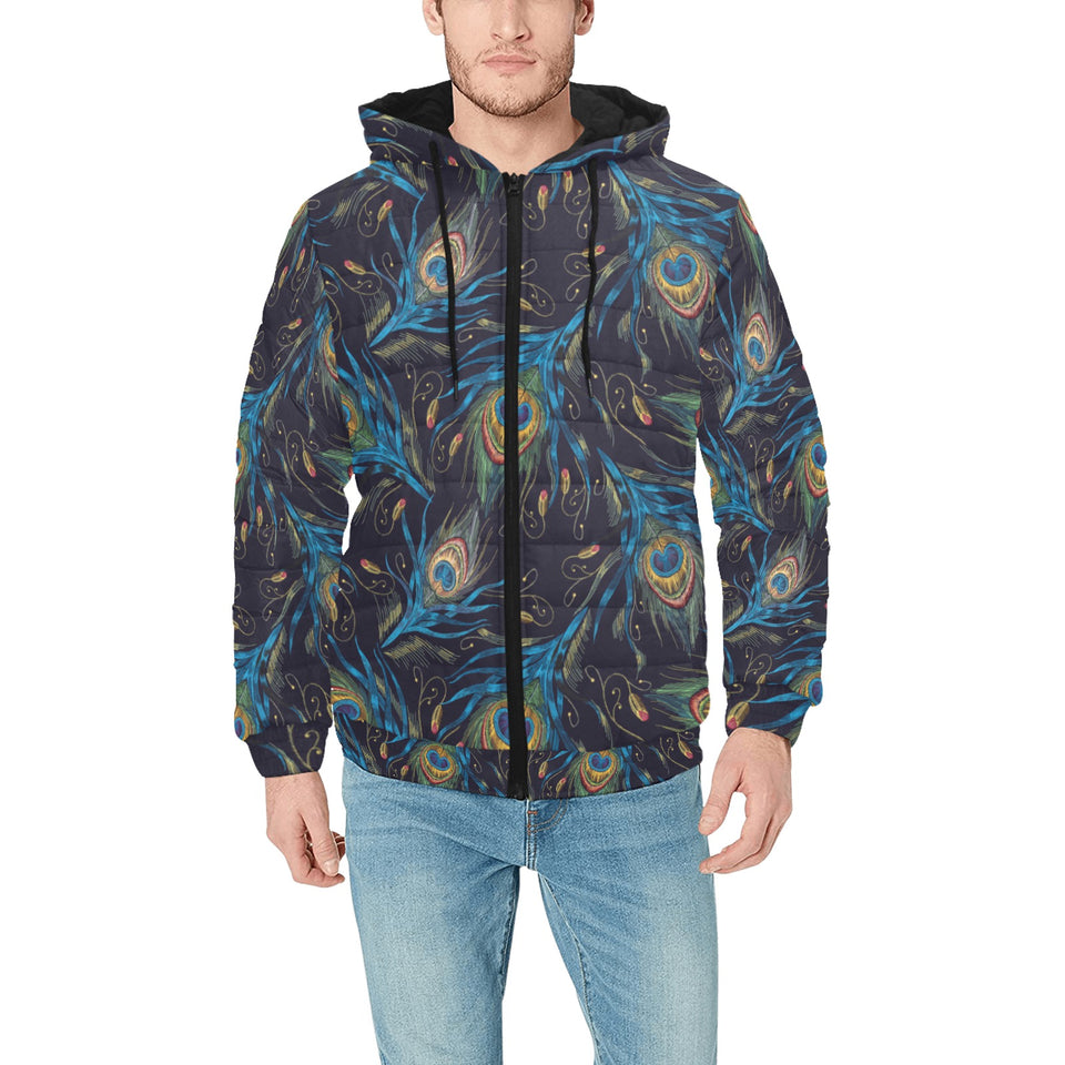 Beautiful peacock feather pattern Men's Padded Hooded Jacket