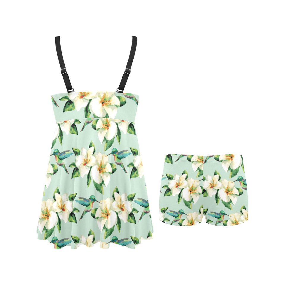 Hummingbird Pattern Print Design 01 Chest Sexy Pleated Two Piece Swim Dress
