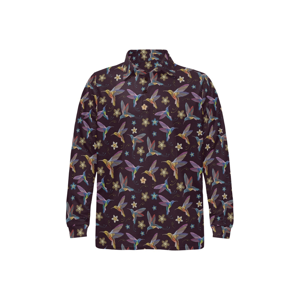 Hummingbird Pattern Print Design 04 Men's Long Sleeve Polo Shirt