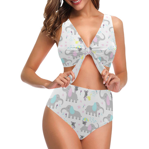 Cute elephant mouse pattern Chest Bowknot High Waisted Bikini Swimsuit