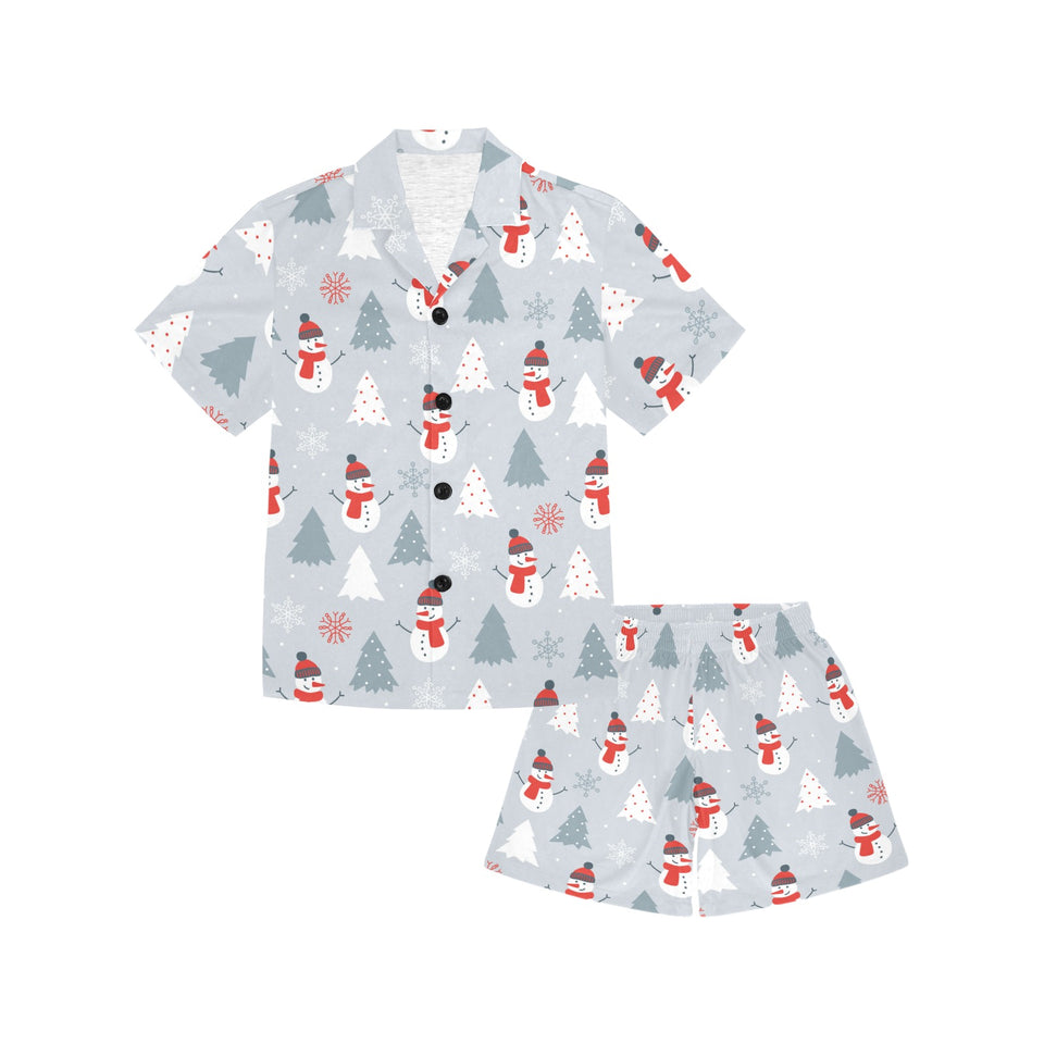 Snowman christmas  tree snow gray background Kids' Boys' Girls' V-Neck Short Pajama Set