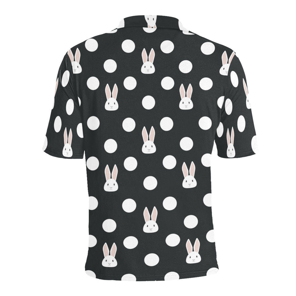 Cute white rabbit polka dots black background Men's All Over Print Polo Shirt