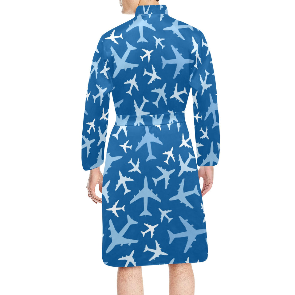 Airplane pattern in the sky Men's Long Sleeve Belted Night Robe