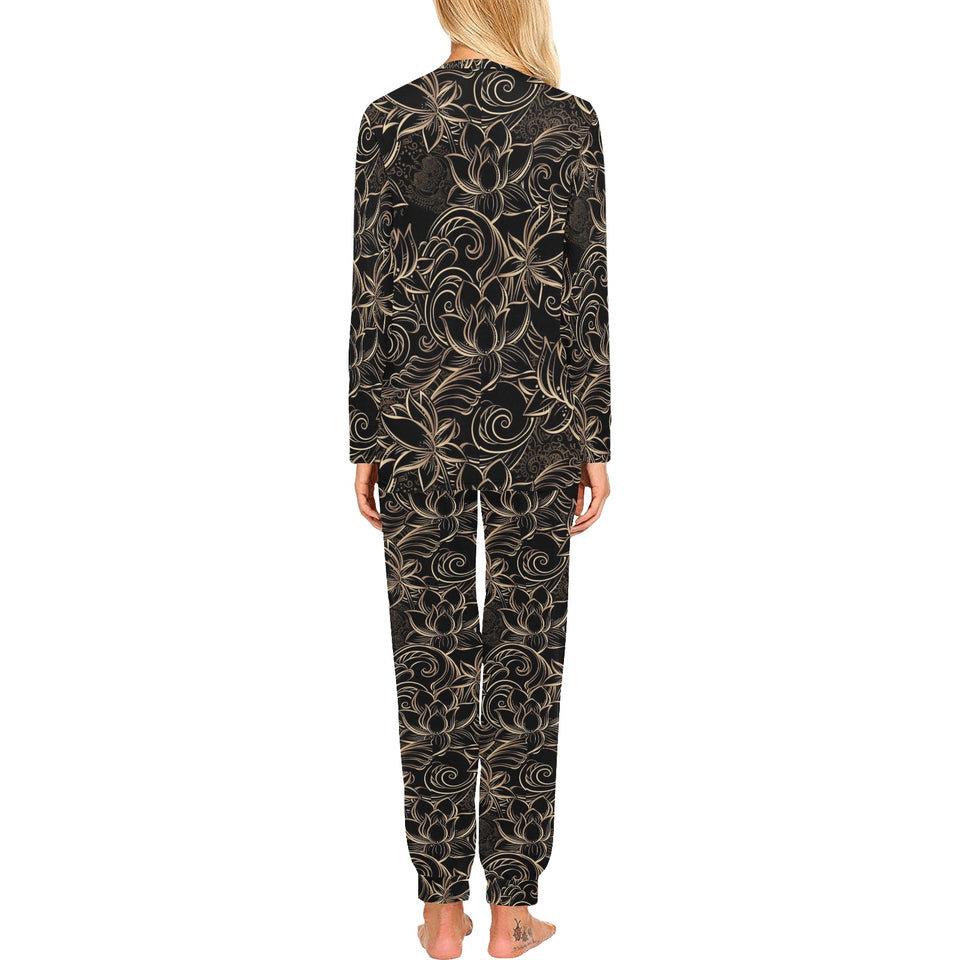 luxurious gold lotus waterlily black background Women's All Over Print Pajama Set