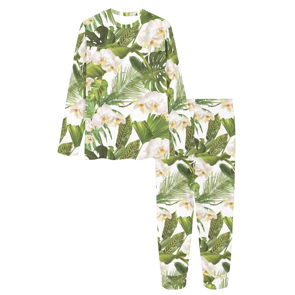 White orchid flower tropical leaves pattern Women's All Over Print Pajama Set