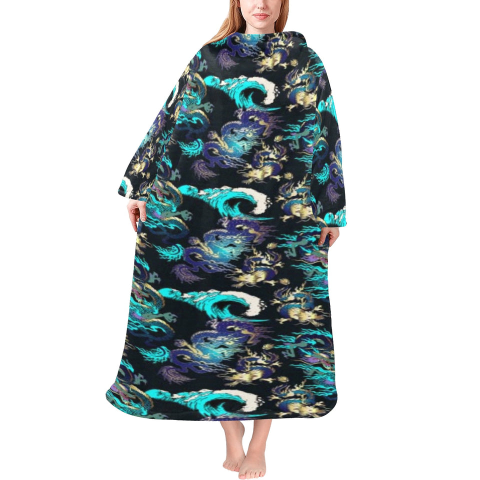 Dragon sea wave pattern Blanket Robe with Sleeves