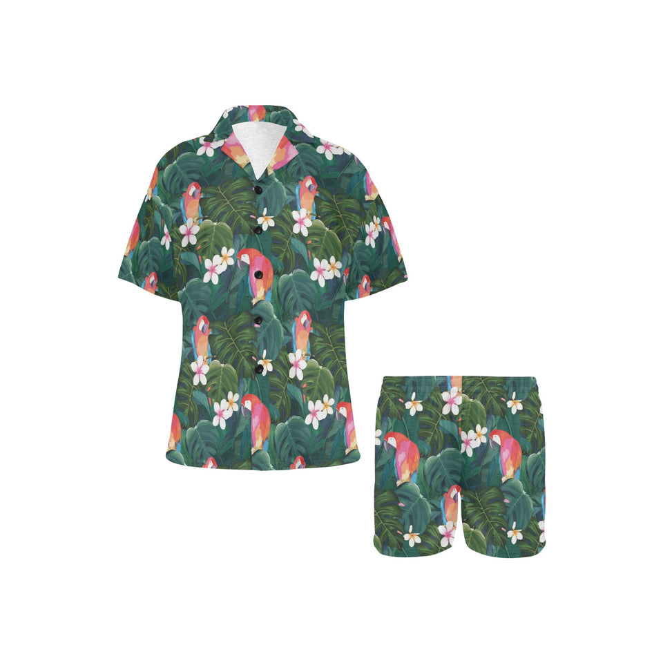 Parrot Palm tree leaves flower hibiscus pattern Women's V-Neck Short Pajama Set