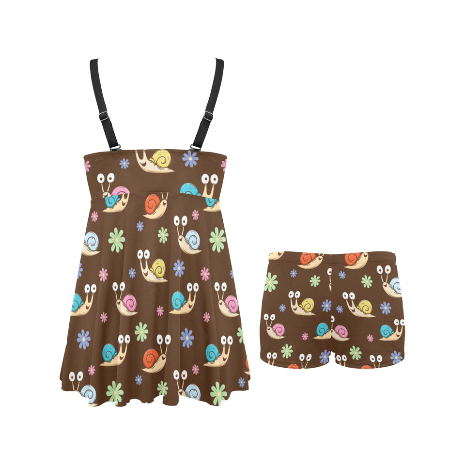 Snail Pattern Print Design 03 Chest Sexy Pleated Two Piece Swim Dress