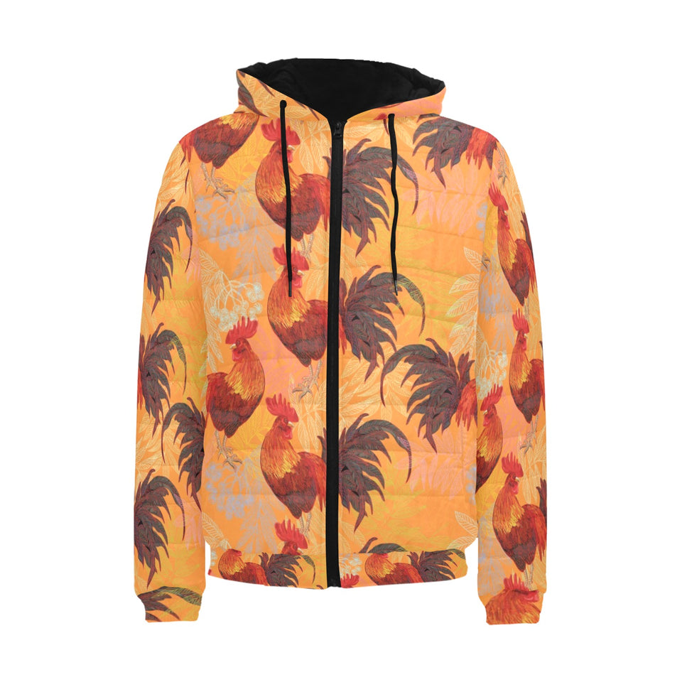 red rooster chicken cock pattern Men's Padded Hooded Jacket
