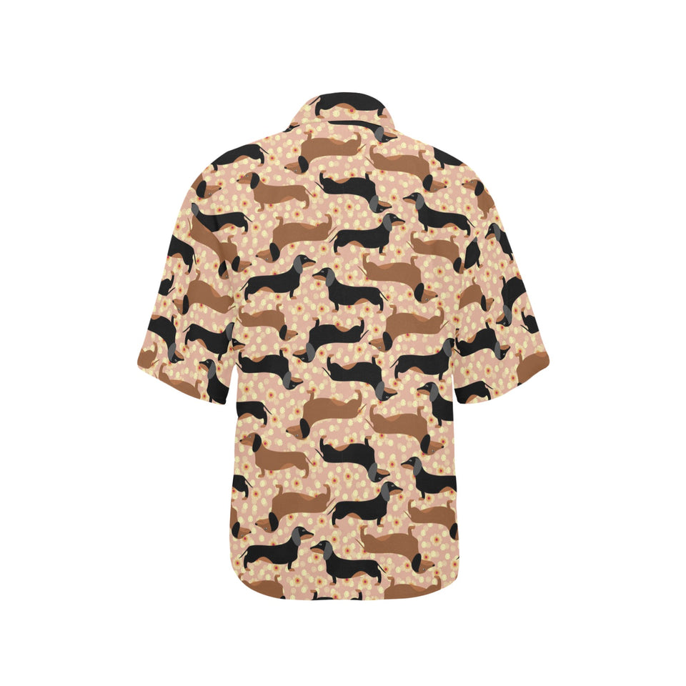 Dachshund floral background Women's All Over Print Hawaiian Shirt