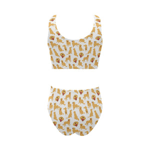 Golden Retriever Pattern Print Design 05 Chest Bowknot High Waisted Bikini Swimsuit