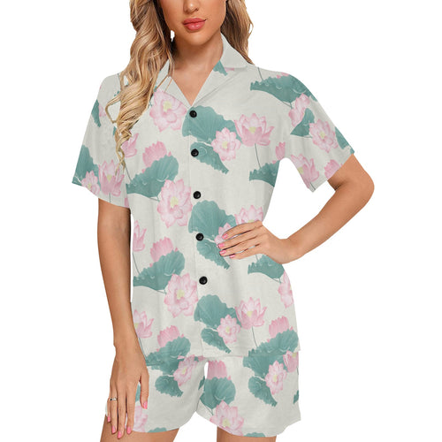 Pink lotus waterlily leaves pattern Women's V-Neck Short Pajama Set