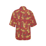 Saxophone cornet pattern red background Women's All Over Print Hawaiian Shirt