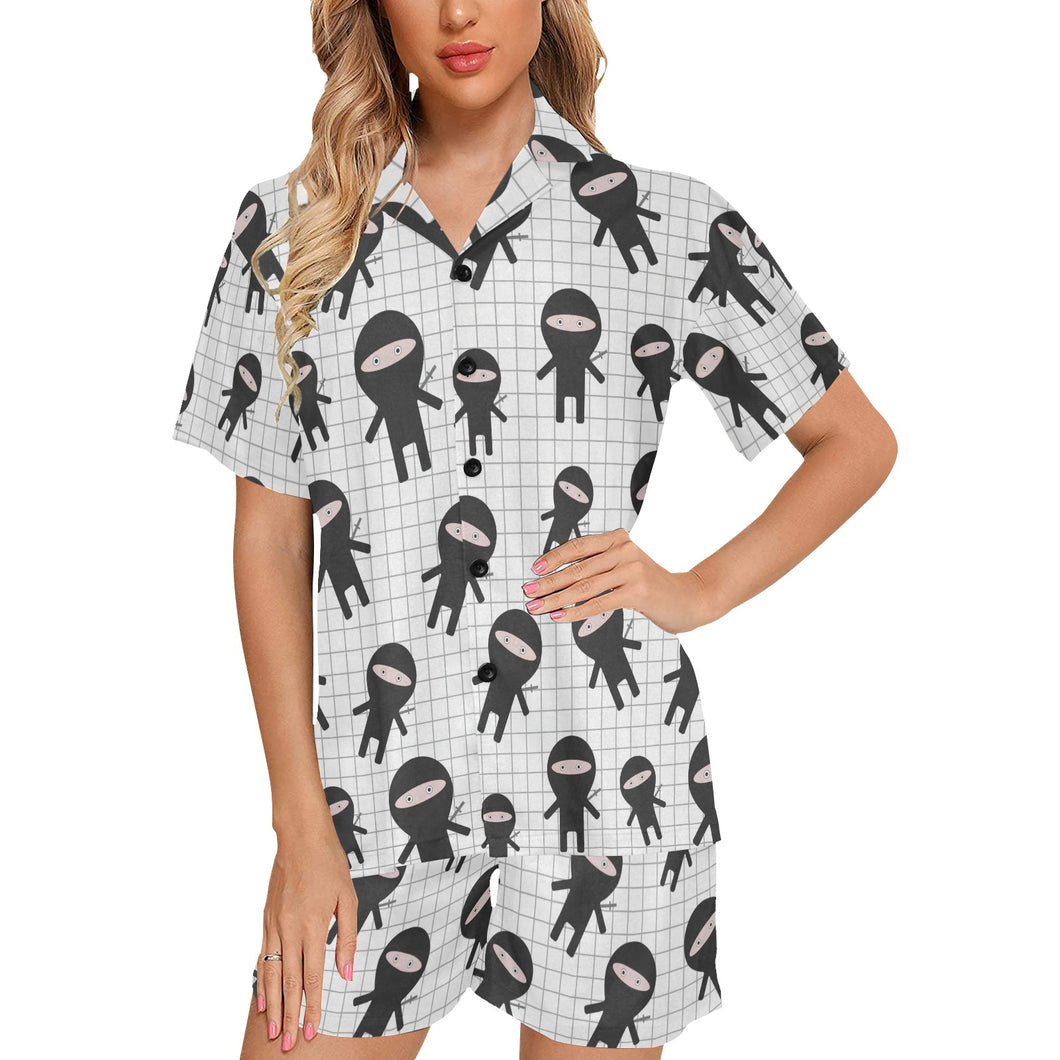 Ninja pattern plaid background Women's V-Neck Short Pajama Set