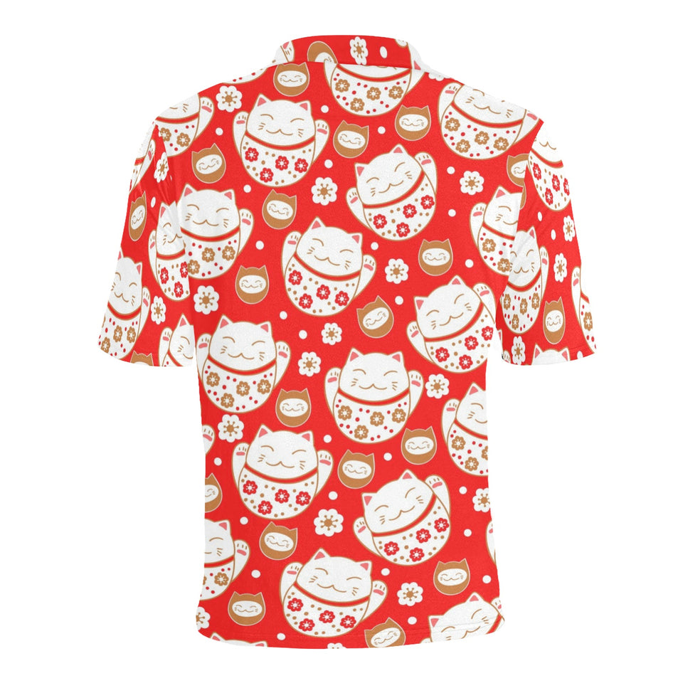 Cute Maneki neko cat red background Men's All Over Print Polo Shirt