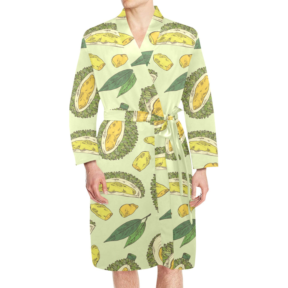Durian leaves pattern background Men's Long Sleeve Belted Night Robe