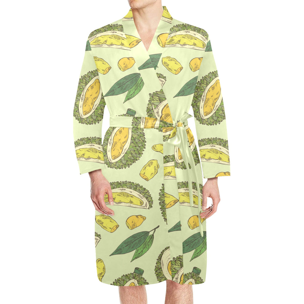 Durian leaves pattern background Men's Long Sleeve Belted Night Robe
