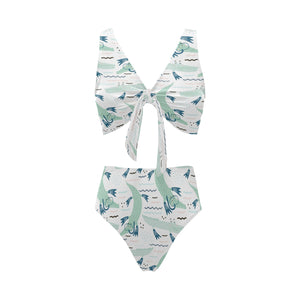 Crocodile diver pattern Chest Bowknot High Waisted Bikini Swimsuit
