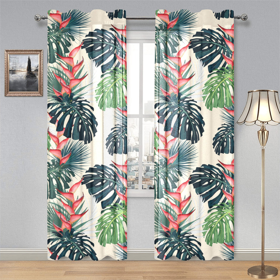 heliconia flowers, palm and monstera leaves Gauze Curtain