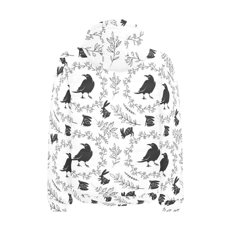 Crows floral wreath rabbit pattern Men's Padded Hooded Jacket