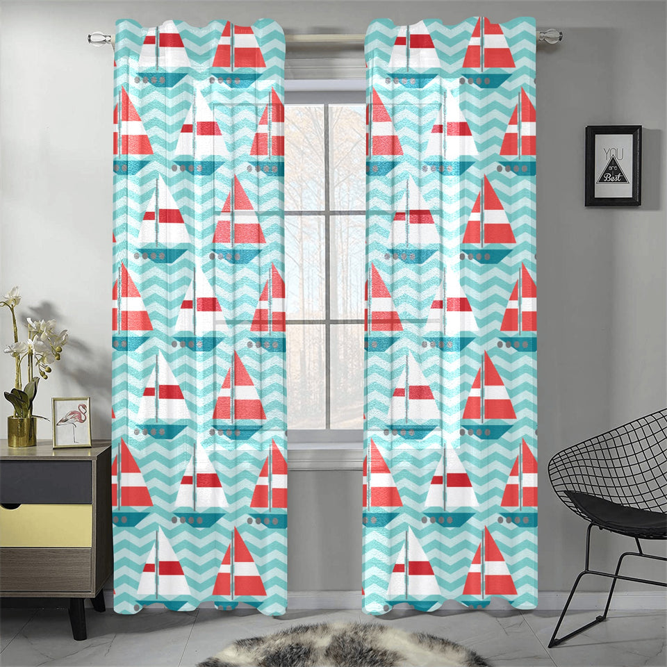 Red White sailboat wave background Gauze Curtain