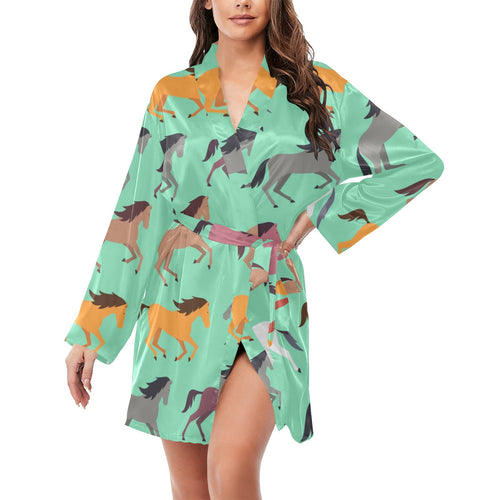 Colorful horses pattern Women's Long Sleeve Belted Night Robe