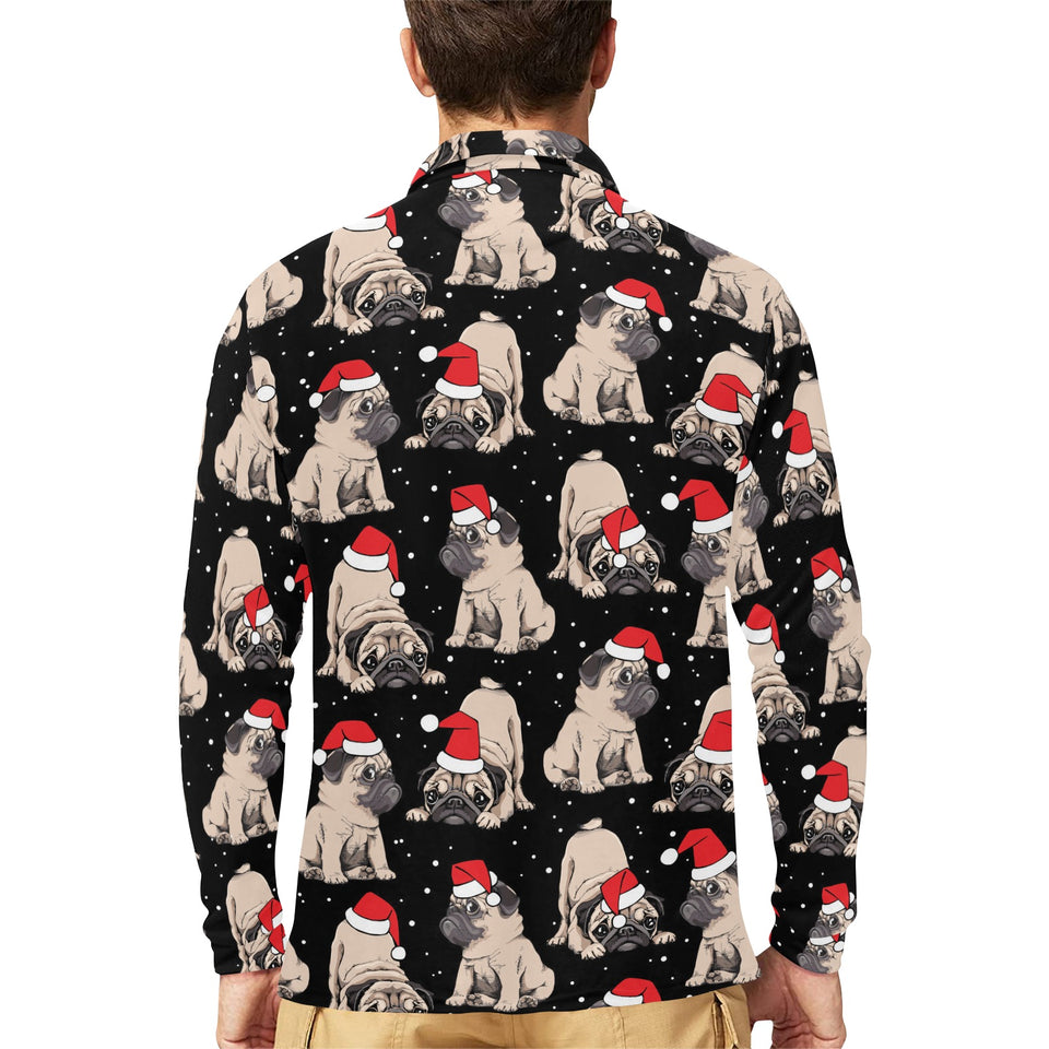 Christmas Pugs Santa_s red cap pattern Men's Long Sleeve Polo Shirt