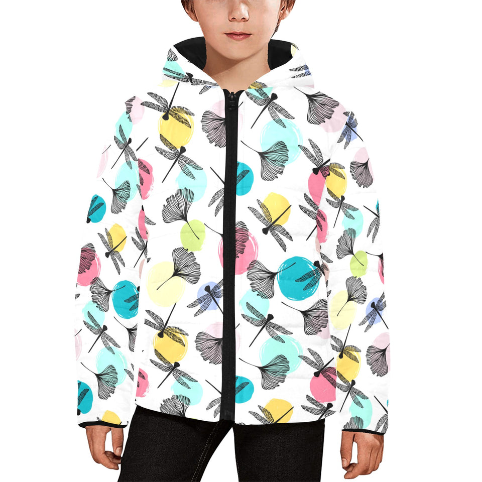 Dragonflies ginkgo leaves pattern Kids' Boys' Girls' Padded Hooded Jacket