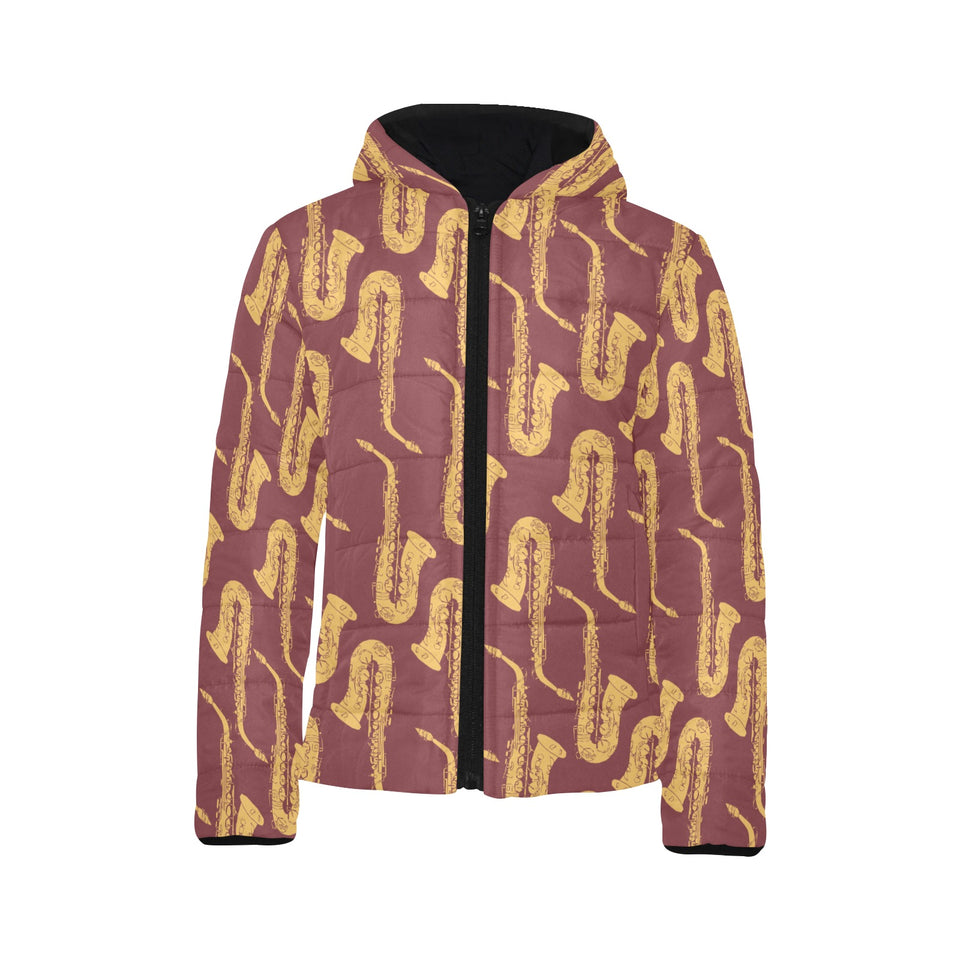 Hand drawn gold saxophone red background Kids' Boys' Girls' Padded Hooded Jacket