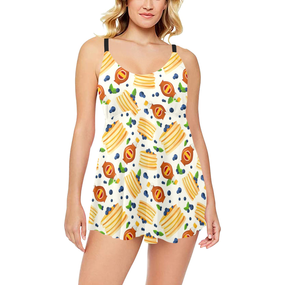 Pancake Pattern Print Design 02 Chest Sexy Pleated Two Piece Swim Dress