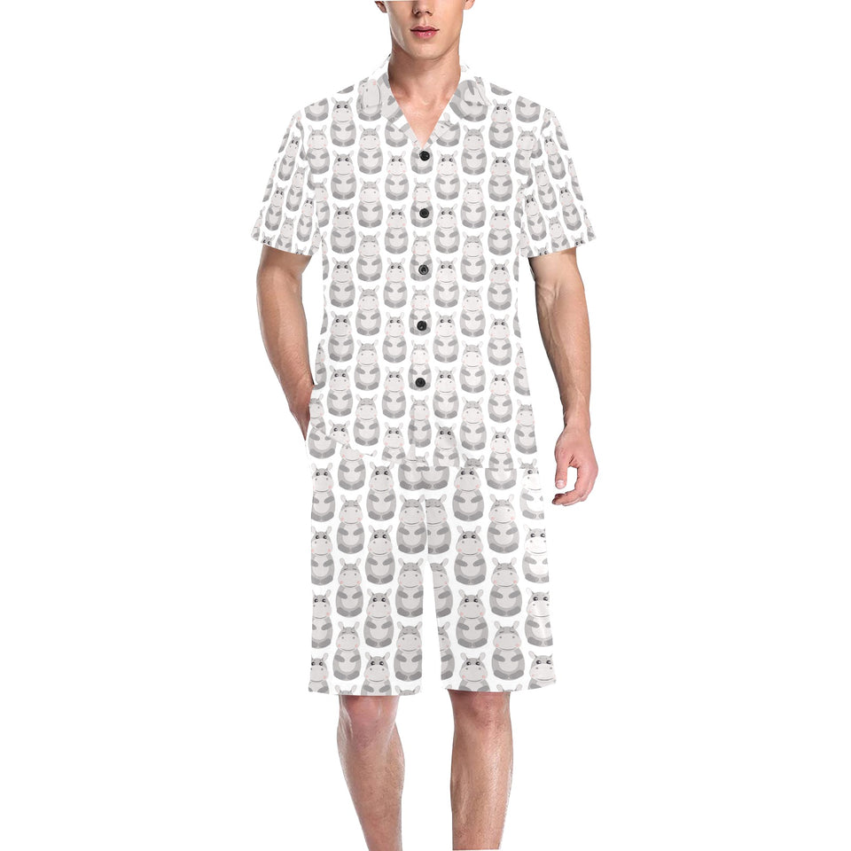 Hippopotamus Pattern Print Design 05 Men's V-Neck Short Pajama Set