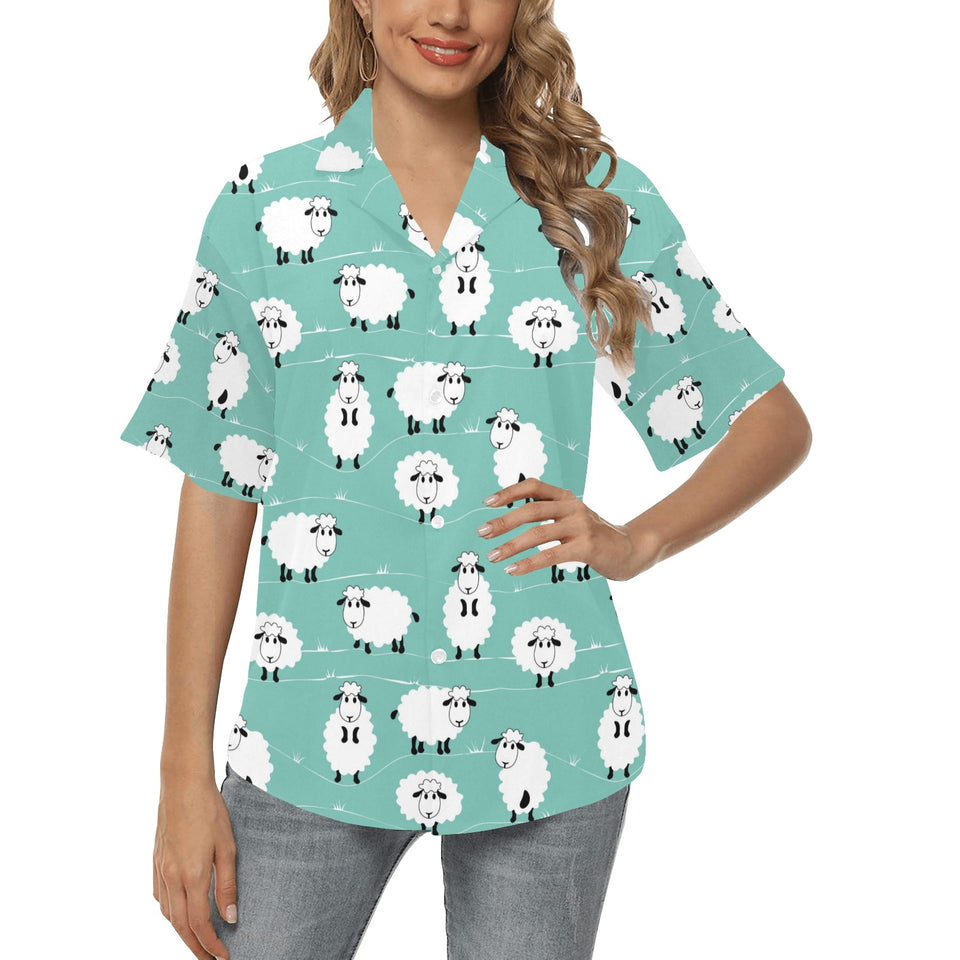 Cute sheep green background Women's All Over Print Hawaiian Shirt