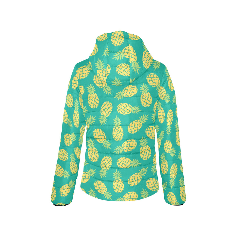 Pineapples pattern green background Women's Padded Hooded Jacket