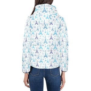Blue Eiffel Tower Theme Pattern Print Design 01 Women's Padded Hooded Jacket