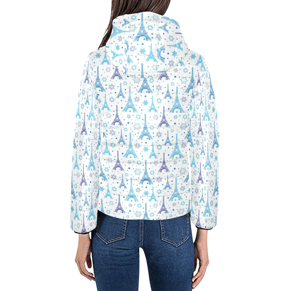 Blue Eiffel Tower Theme Pattern Print Design 01 Women's Padded Hooded Jacket