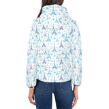 Blue Eiffel Tower Theme Pattern Print Design 01 Women's Padded Hooded Jacket
